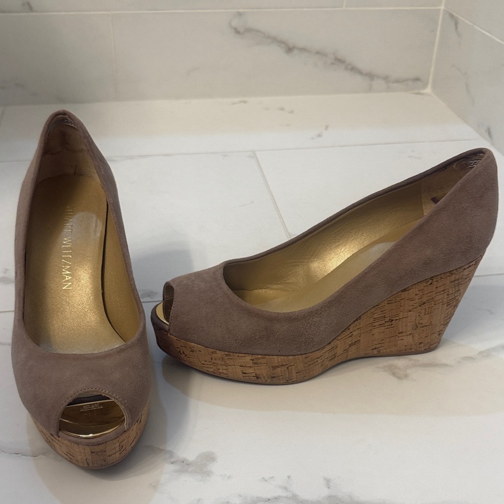 Stuart Weitzman Tan Suede Wedge Peep-Toe Shoes